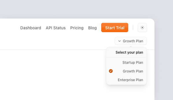 Example of a user preference dropdown showing different plans the user can select from