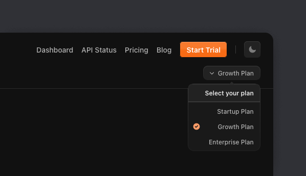 Example of a user preference dropdown showing different plans the user can select from