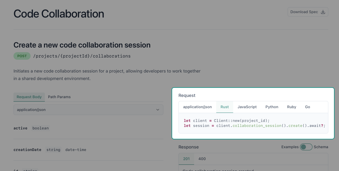 screenshot of an API reference in Doctave with code samples