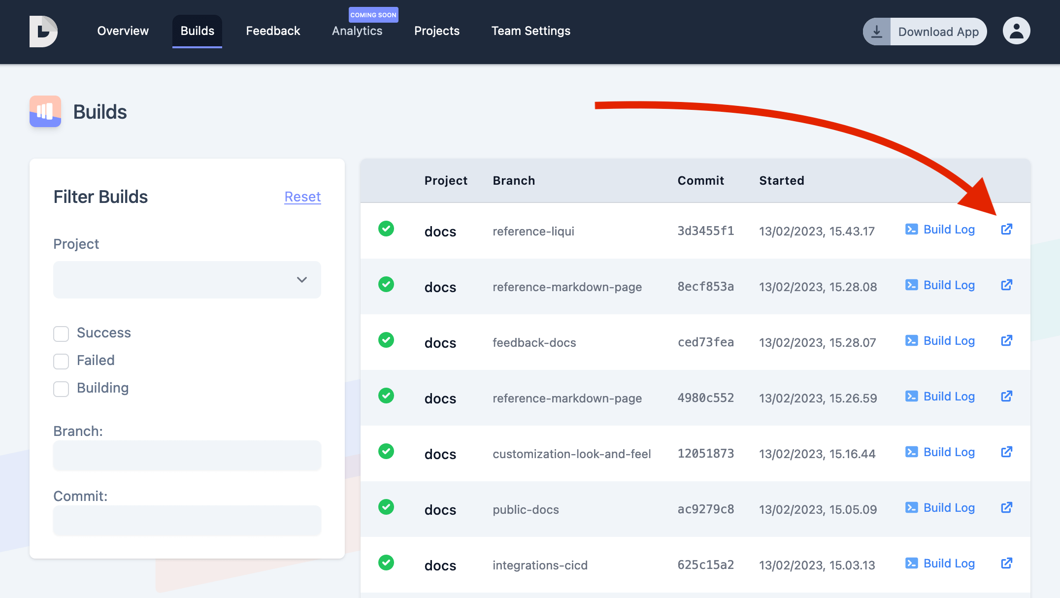 a list of latest builds with an arrow pointing to the build preview
link