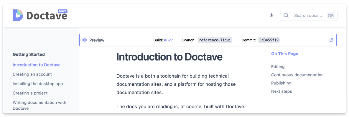 a Doctave documentation preview environment with a banner showing the git
branch and commit the preview was built for