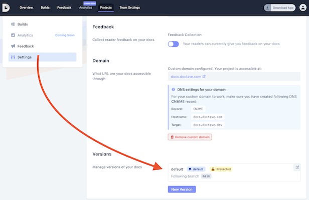 Versions in site settings
