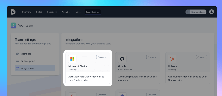 Microsoft Clarity integration in Doctave's dashboard