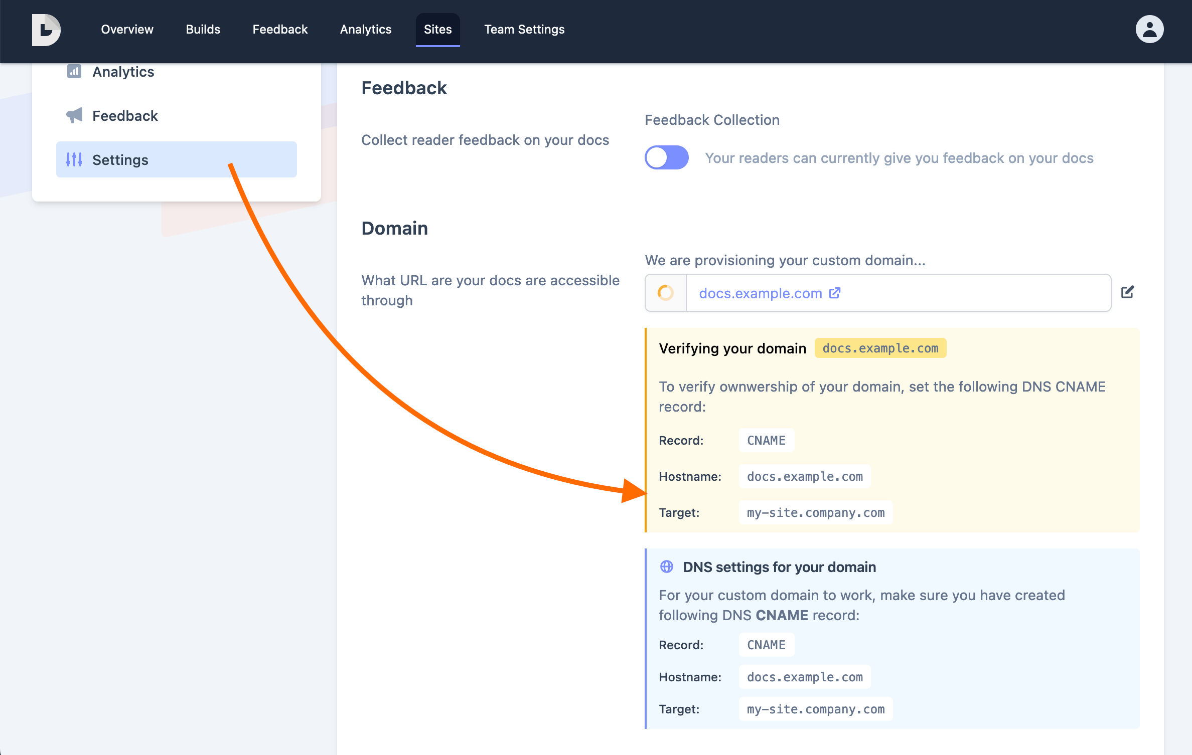 Screenshot Doctave site settings showing instructions on how to verify
your domain and configure DNS records