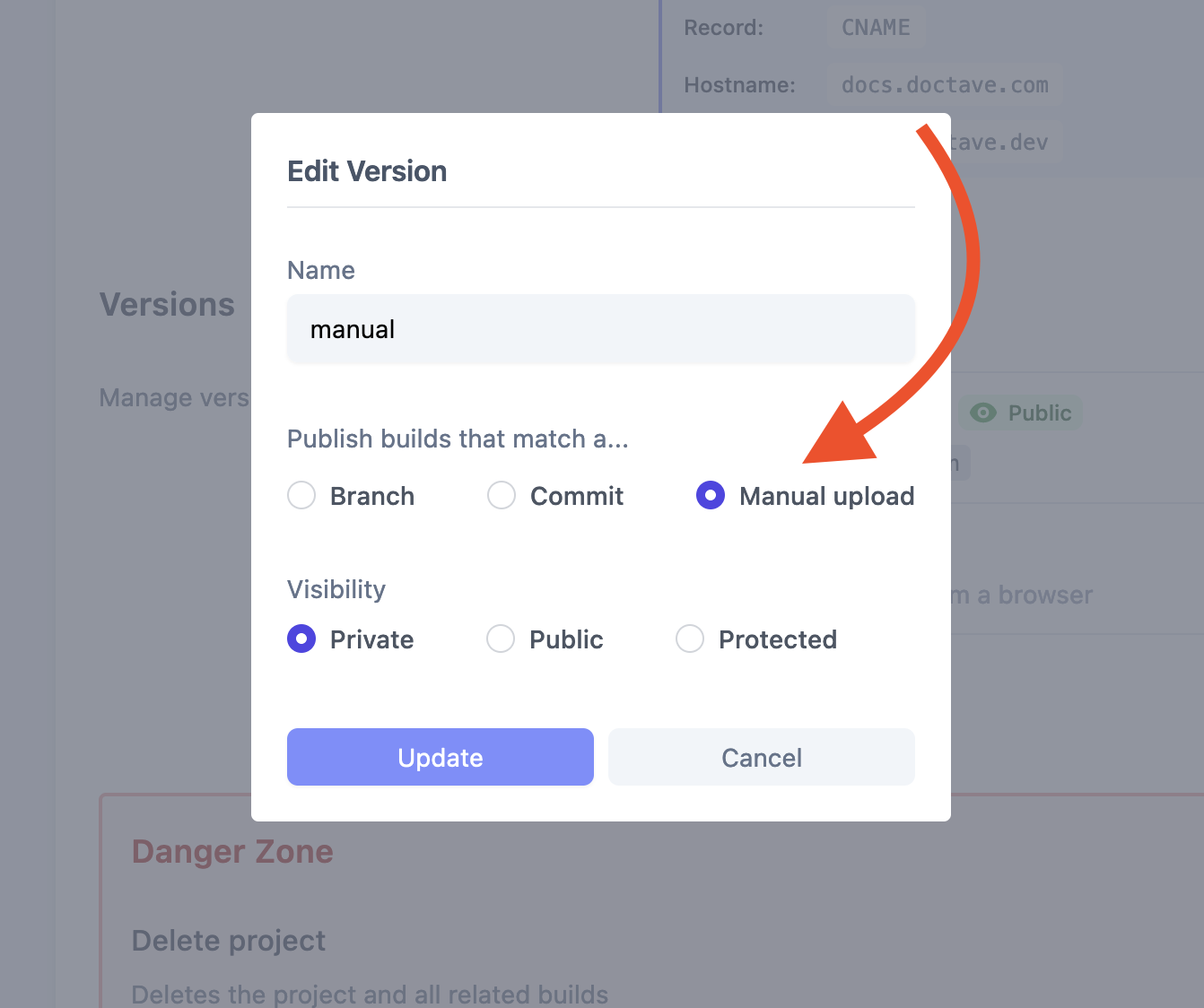 selecting the upload method for the version in the Doctave dashboard