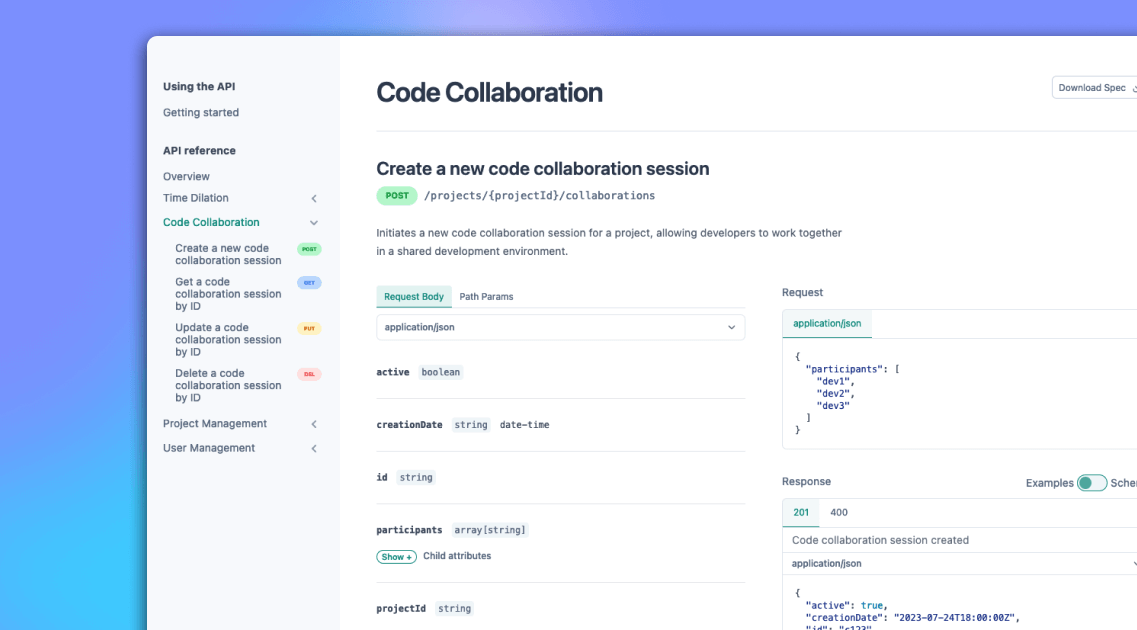 Screenshot of API reference documentation on Doctave
