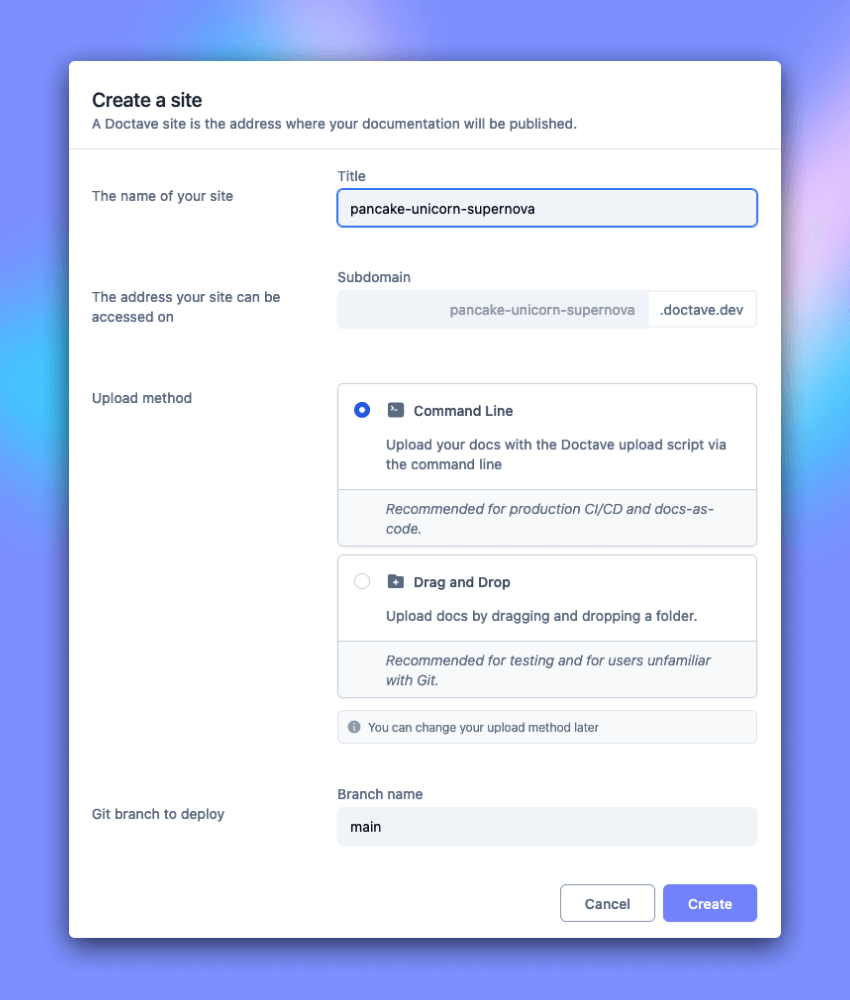 screenshot of the site creation form