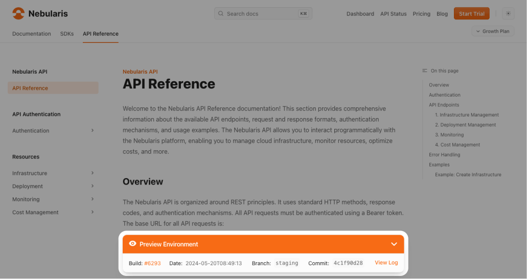 a Doctave documentation preview environment with a banner showing the git
branch and commit the preview was built for