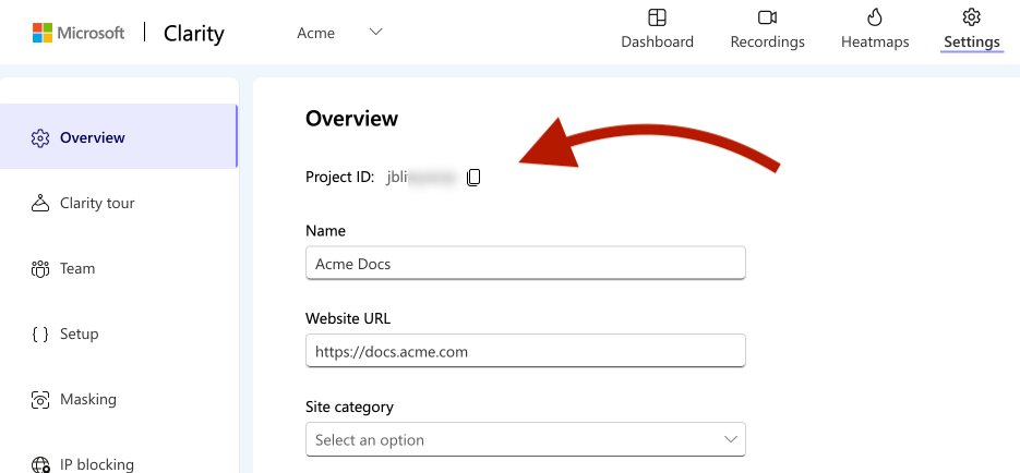 Location of your project ID in Clarity's settings