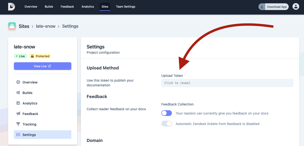 screenshot of the Doctave dashboard pointing to where the upload token can be found