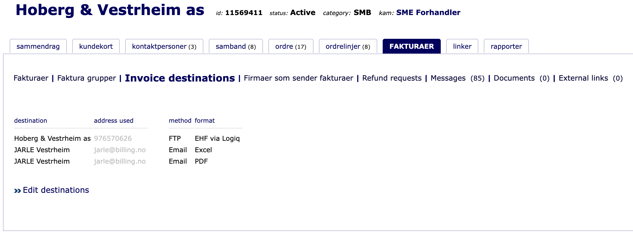 screenshot of the different invoice destinations configured on the Hoberg & Vestrheim customer at GlobalConnect AS