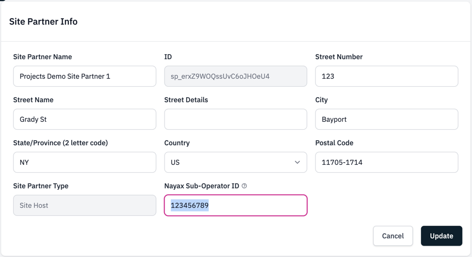 Nayax Sub-Operator ID field on the Site Partner Info form