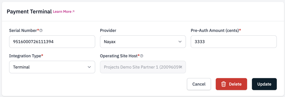 Payment Terminal form showing the Nayax provider with the Operating Site Host field
