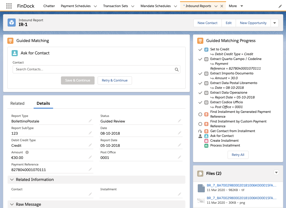 Guided Matching Bollettino Postale Inbound Report details