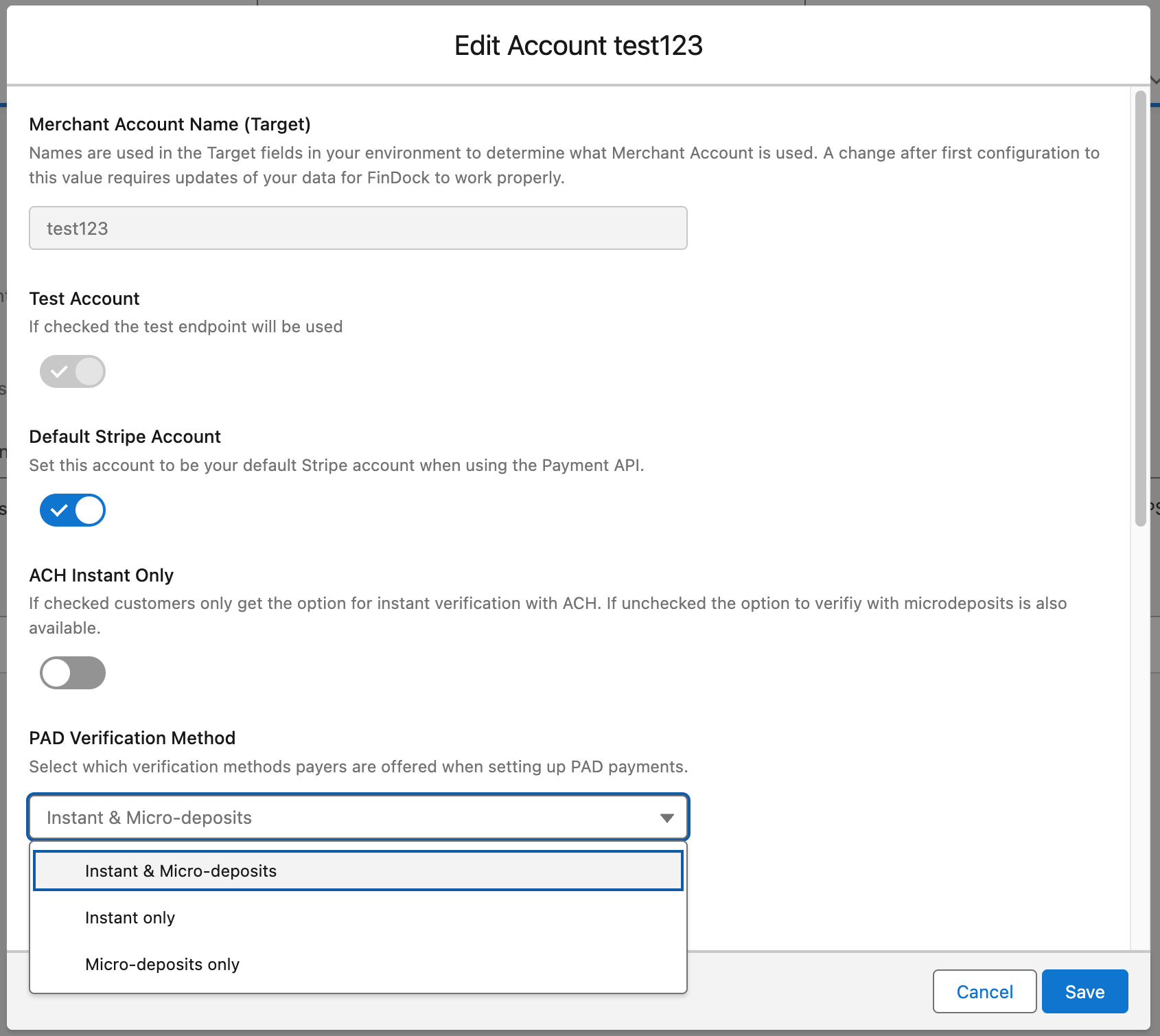 Bank account validation settings for Stripe target