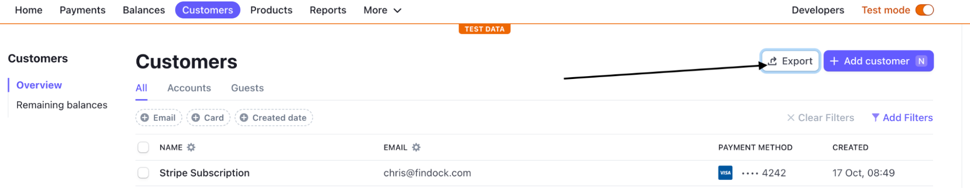 Customers in Stripe dashboard