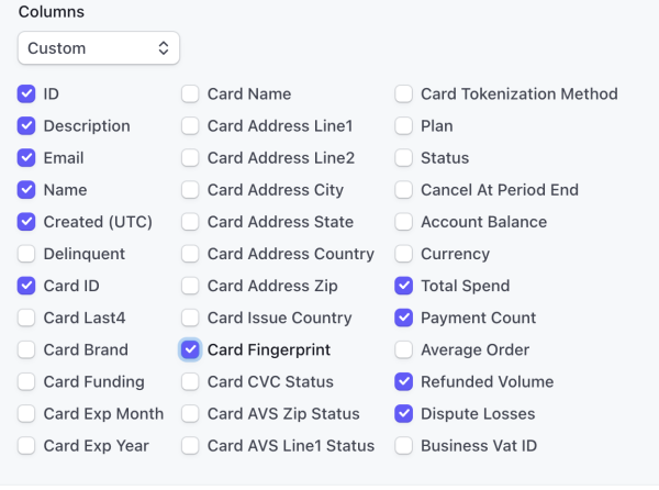Custom export column selection