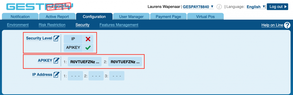 Axerve setup API key security level