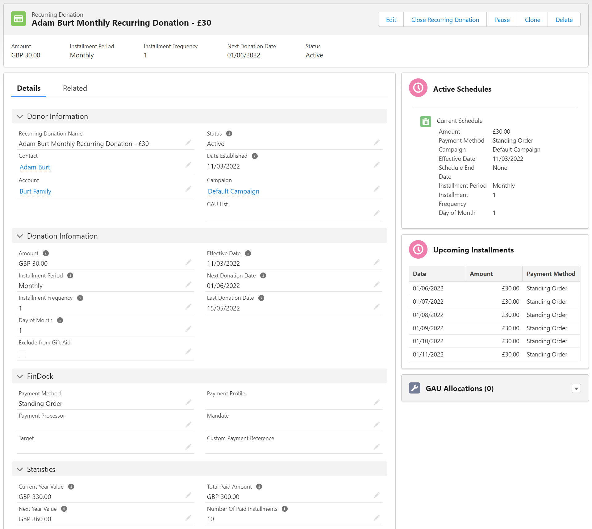 Page layout example for Recurring Donation