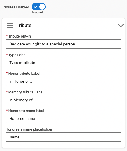 Tribute settings for Giving Pages