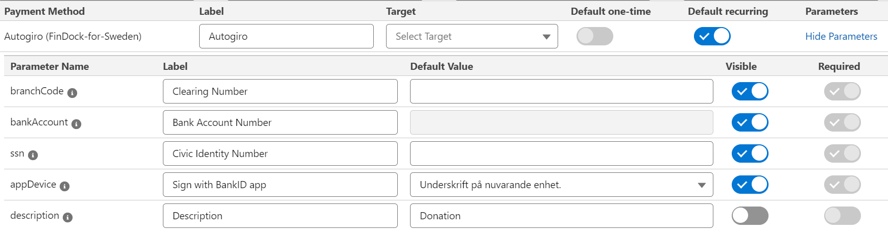 Autogiro payment method parameters