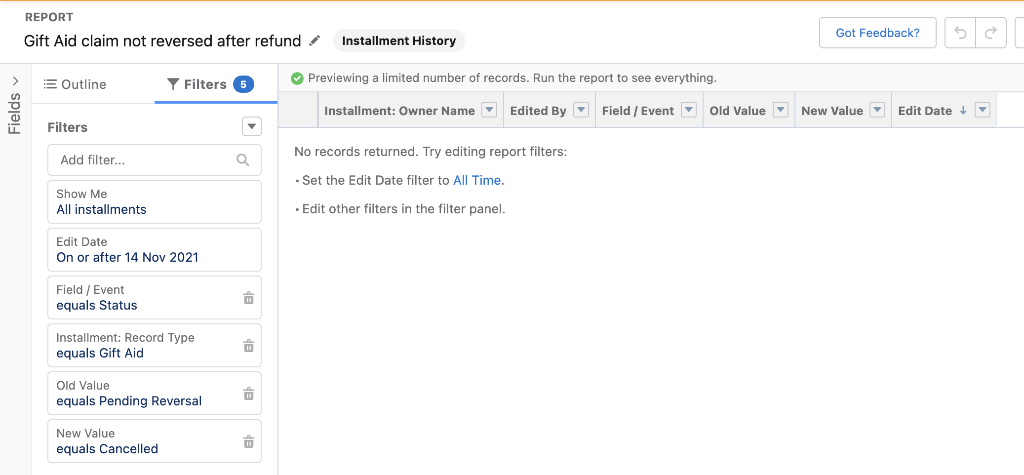 Installment history report for Gift Aid change verification