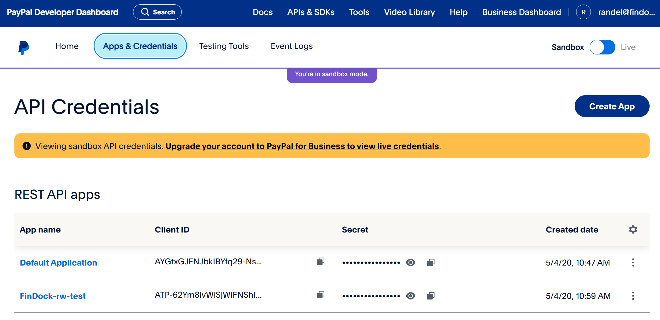 PayPal dashboard new app