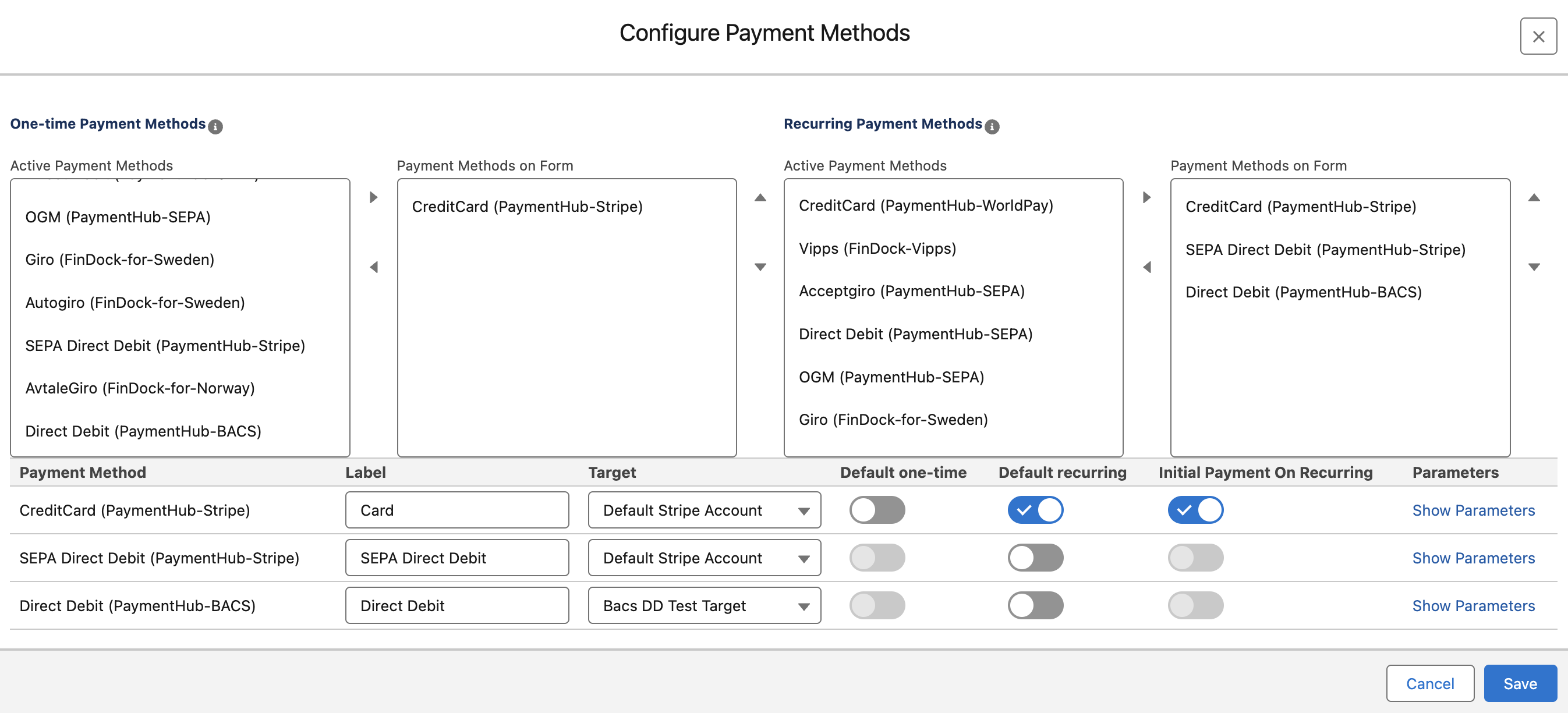 Payment Form payment methods configuration