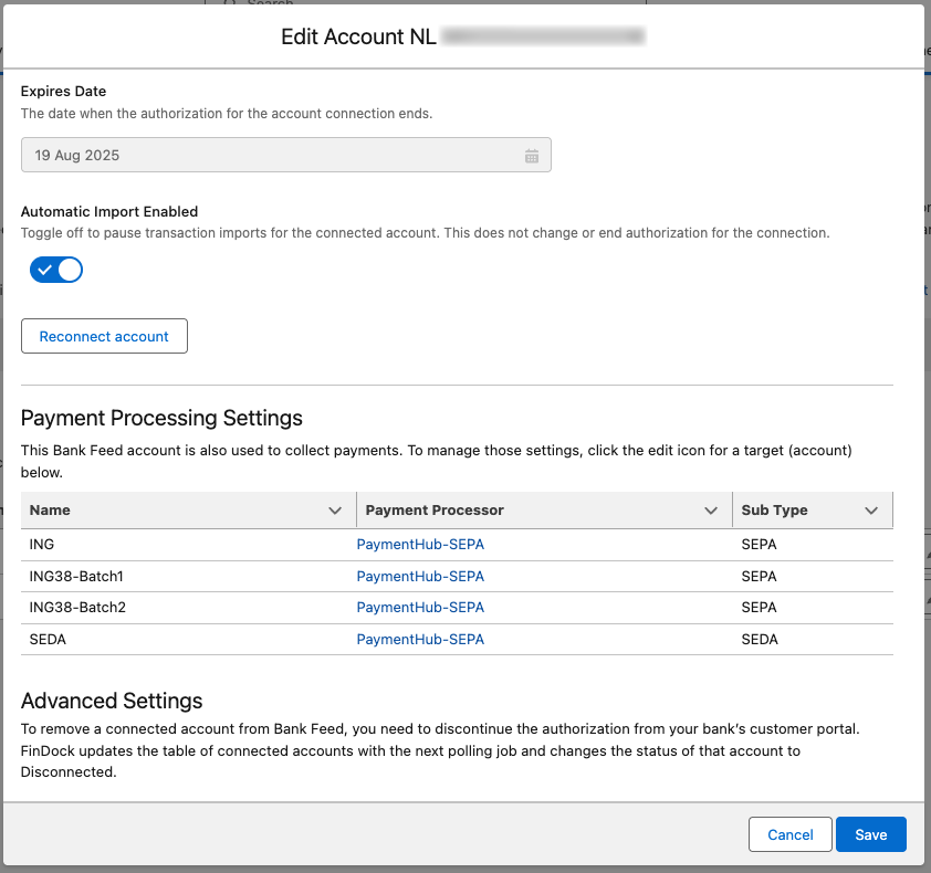 Bank Feed account with related processor setup