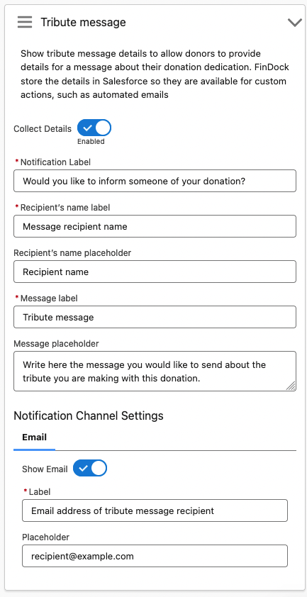 Tribute message settings for Giving Pages