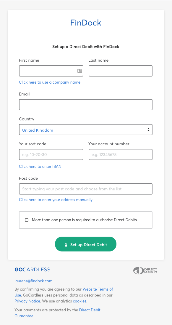 GoCardless payment setup for FinDock