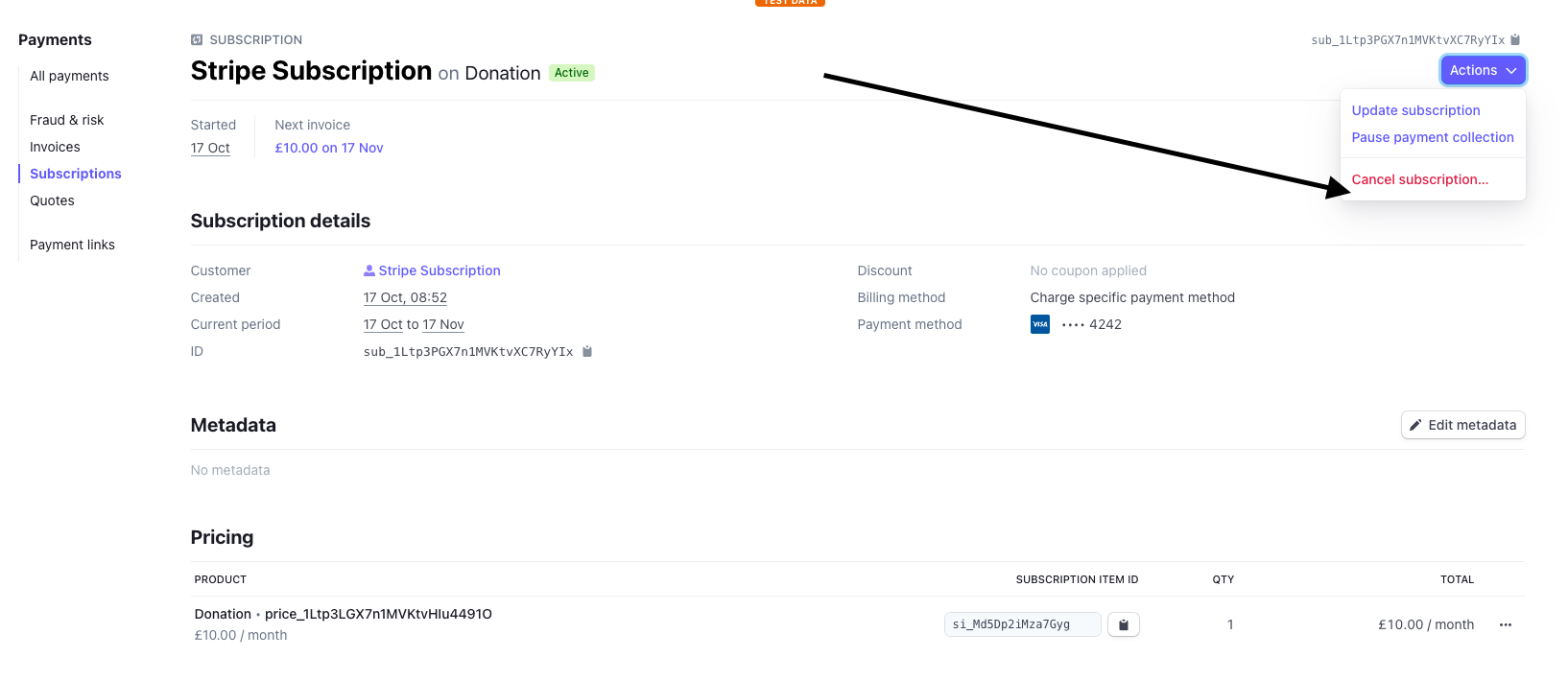 Cancel subscriptions in Stripe
