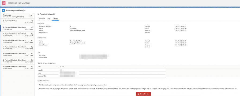 ProcessingHub Manager delete schedule