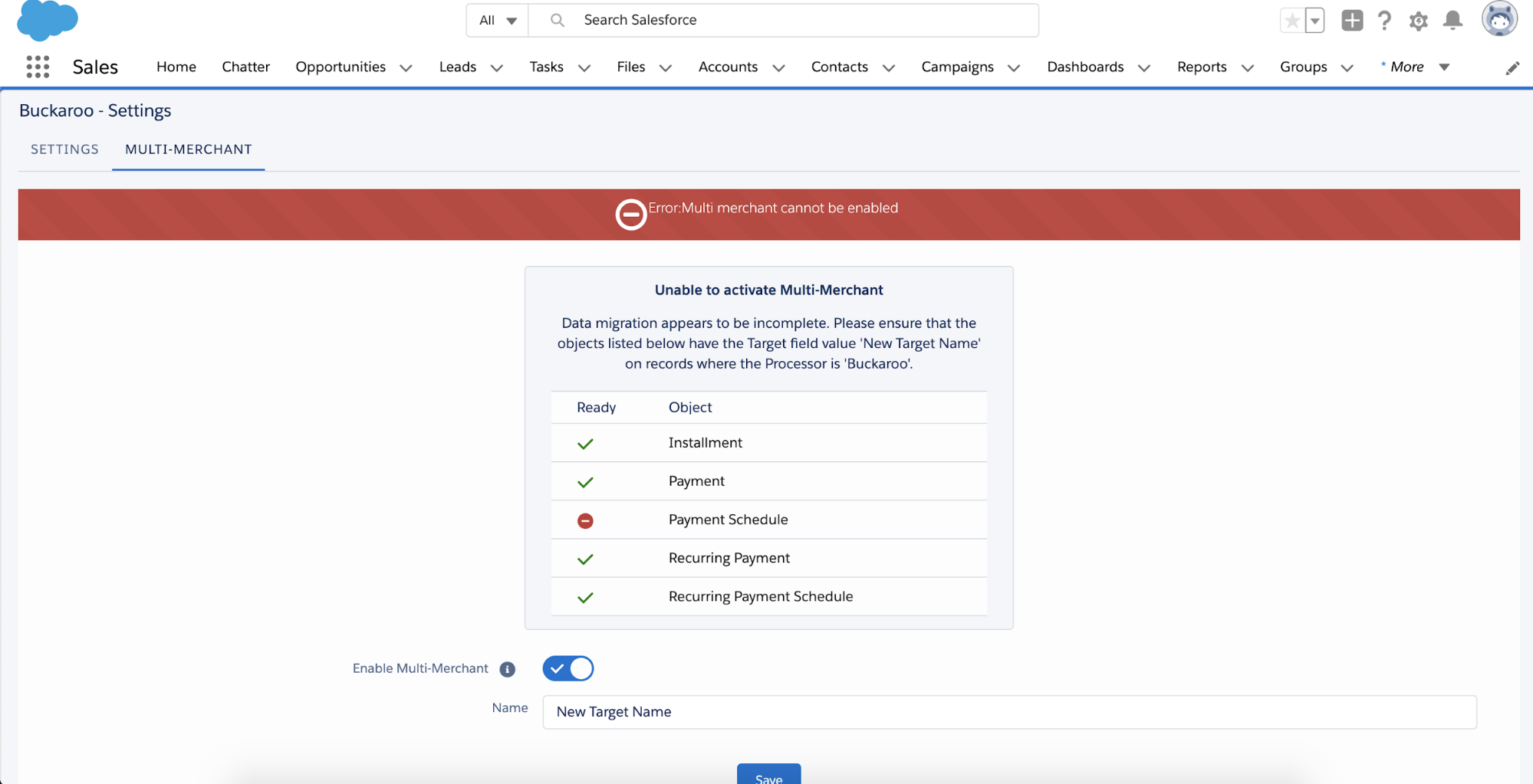 Error message when unable to activate Multi-Merchant
