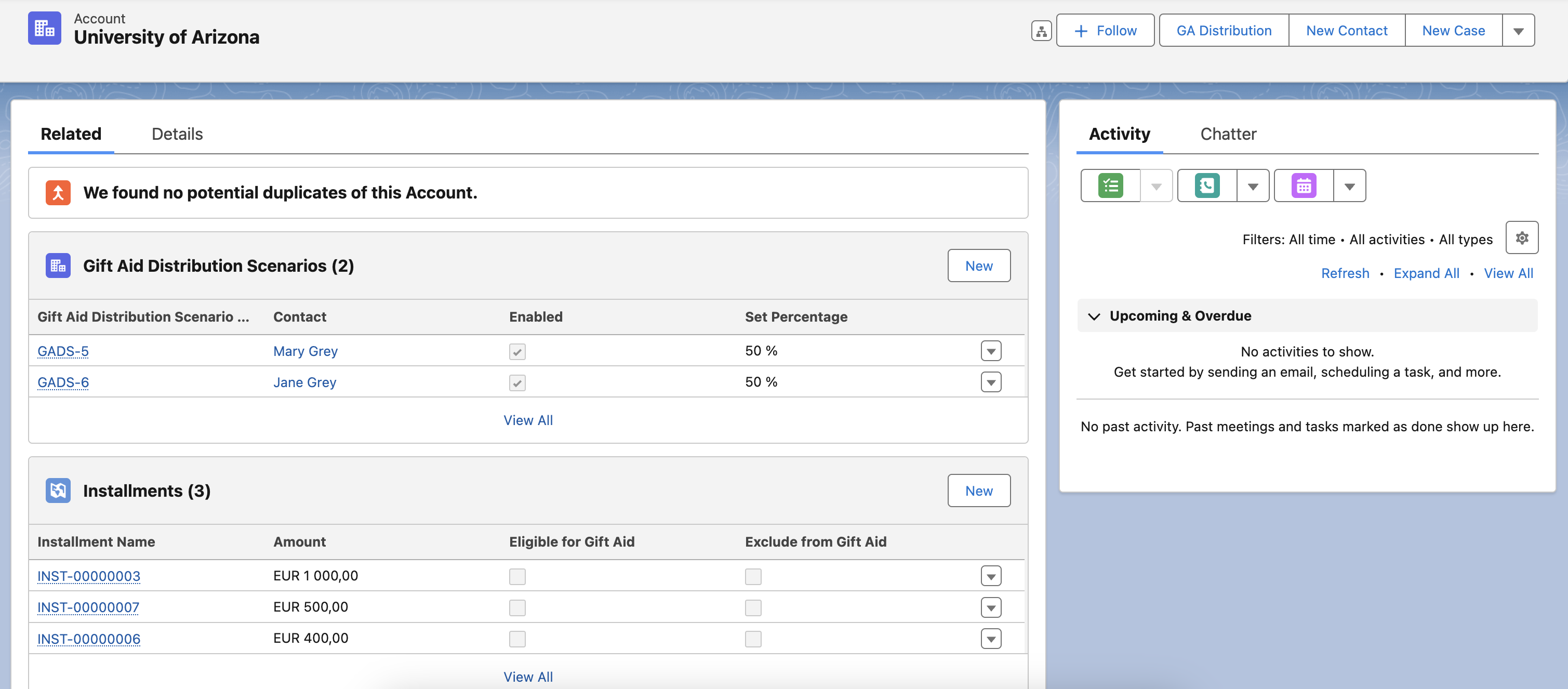 Gift Aid account layout