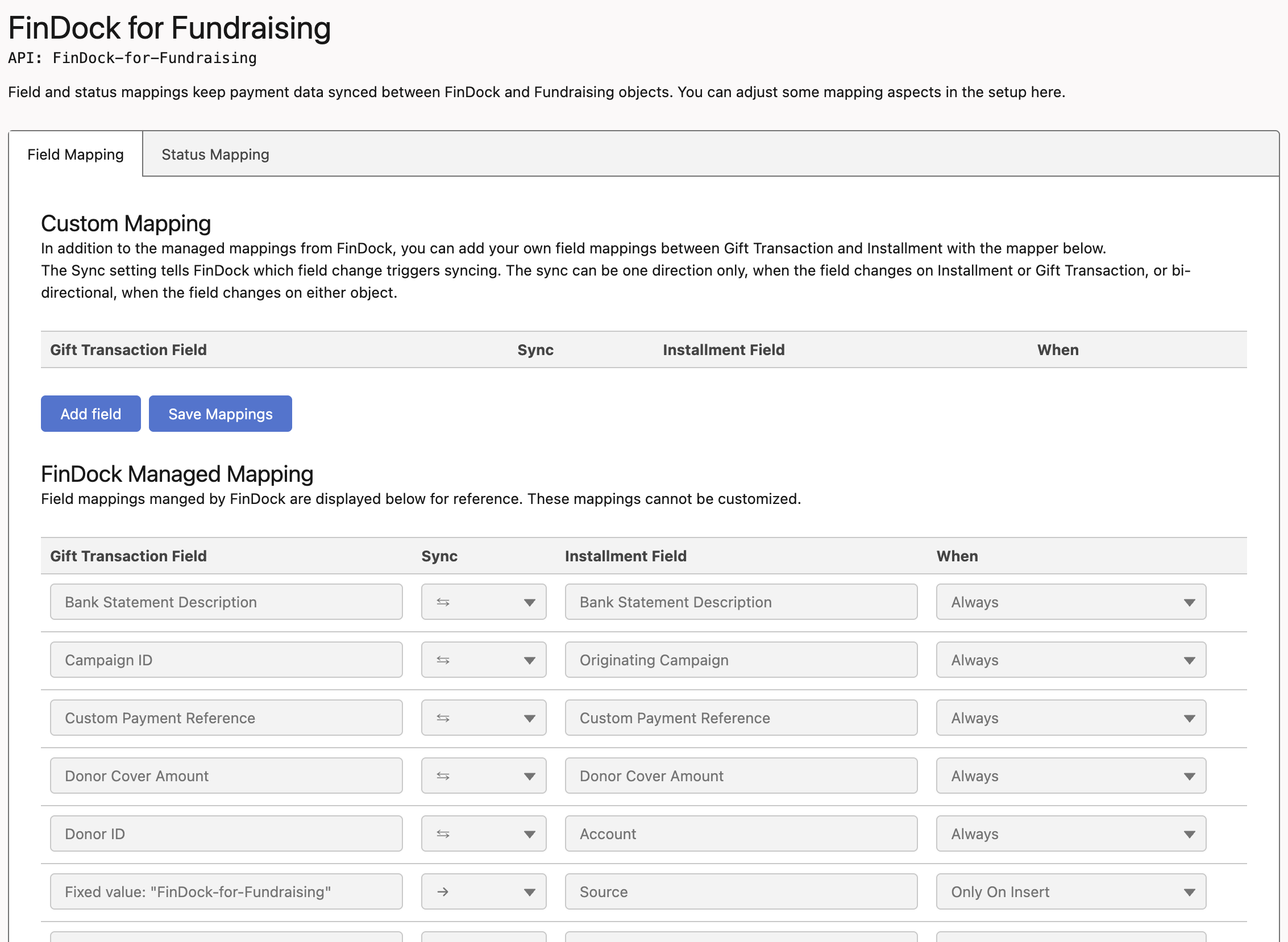 Field mapping between FinDock and Fundraising