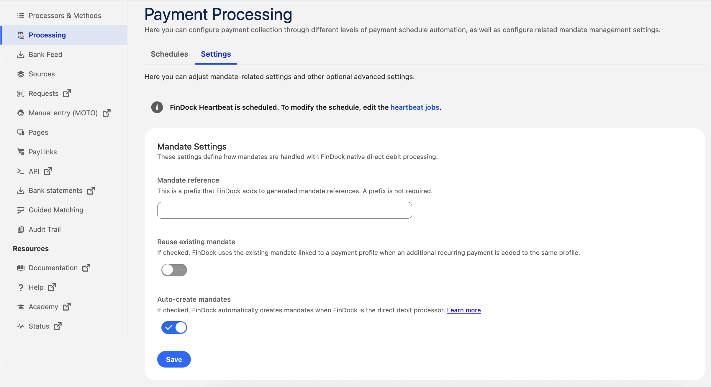 Mandate settings in FinDock Setup