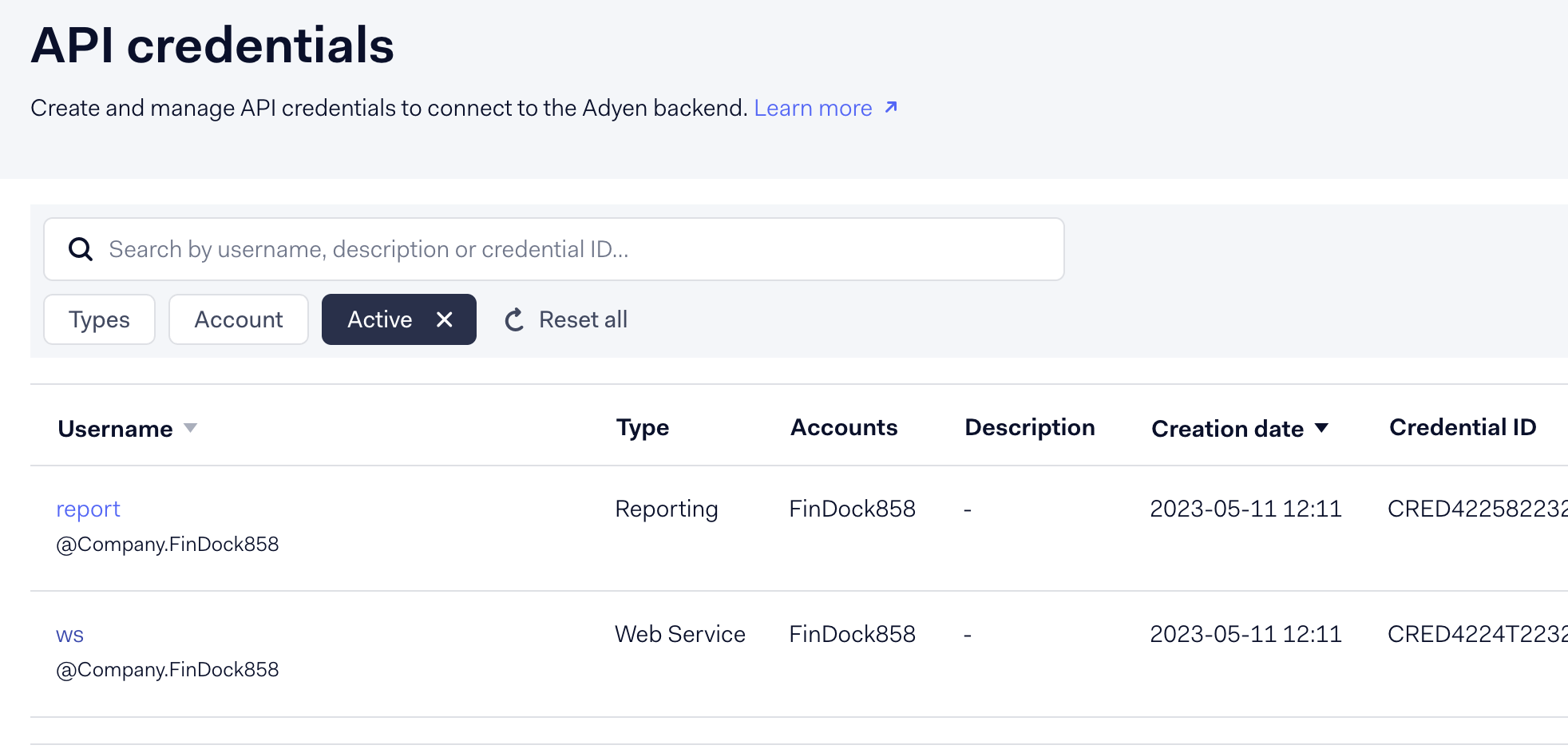 API credentials Web Service user