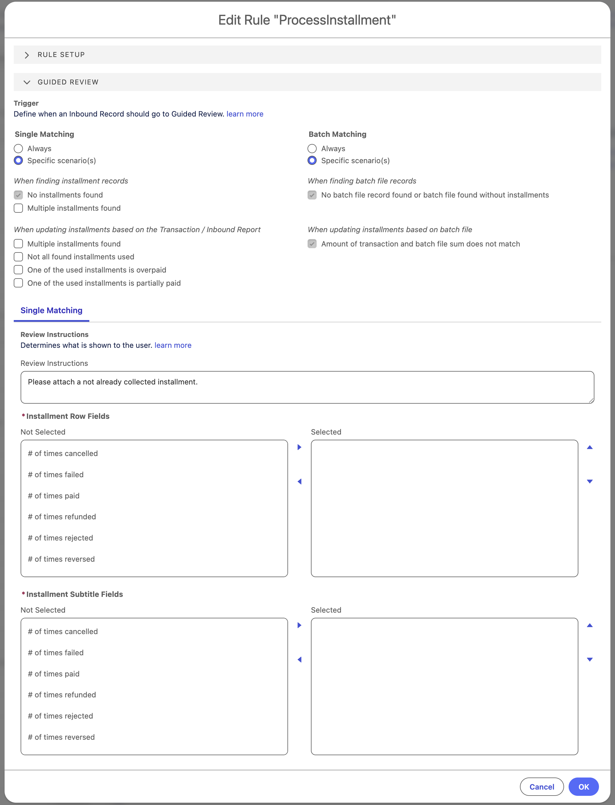 Guided Review settings for Process Installment