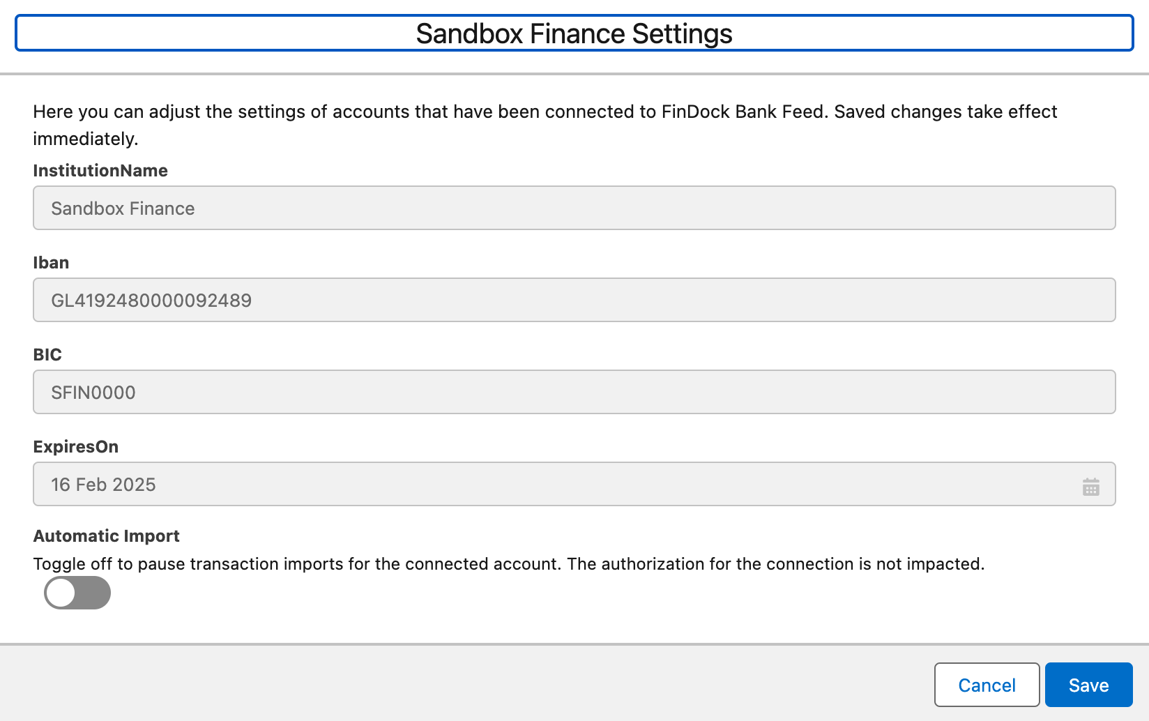 Bank Feed account settings