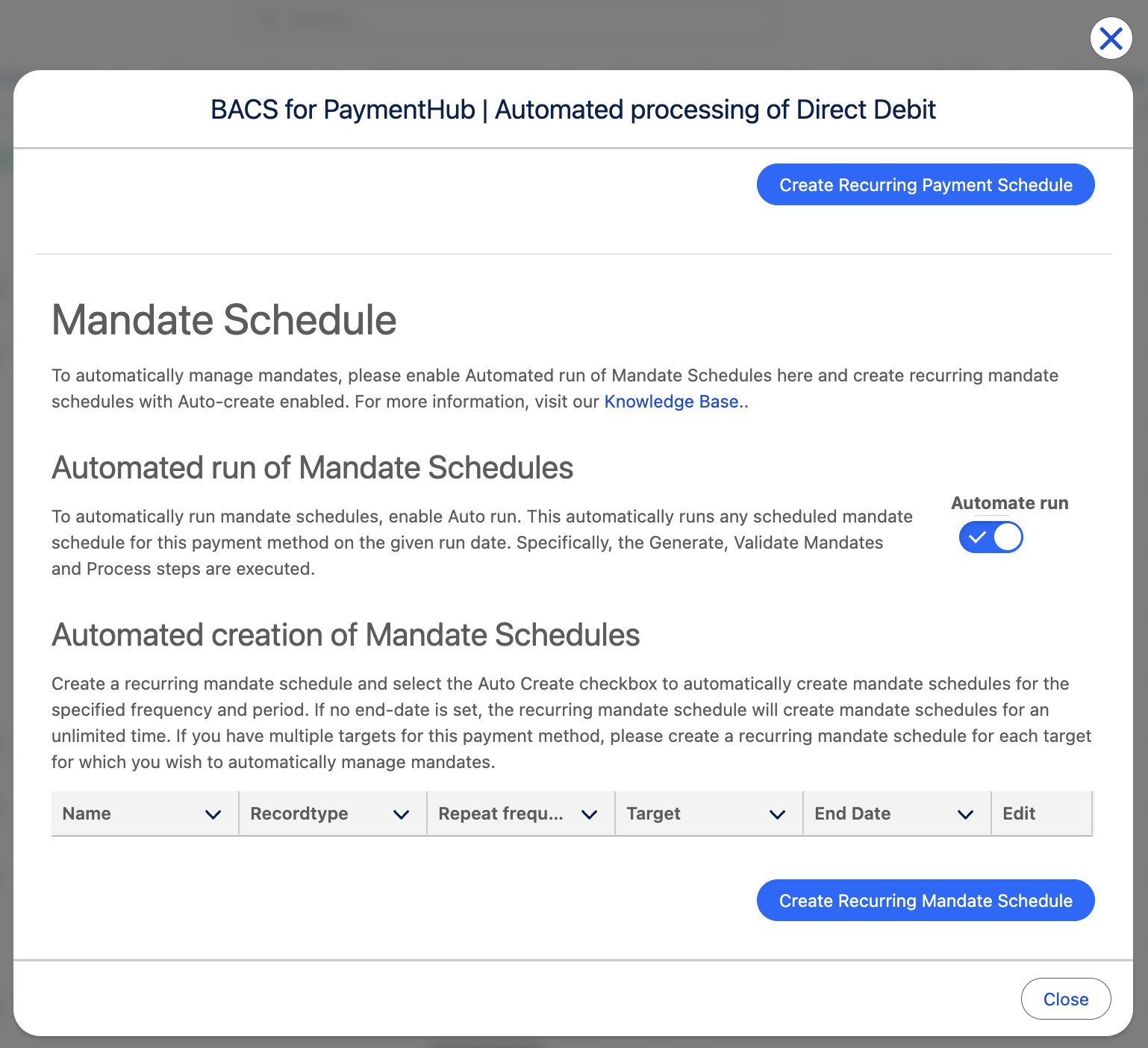 Recurring mandate schedules configured for a processor-method combination