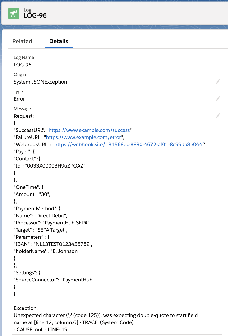 API Log record example