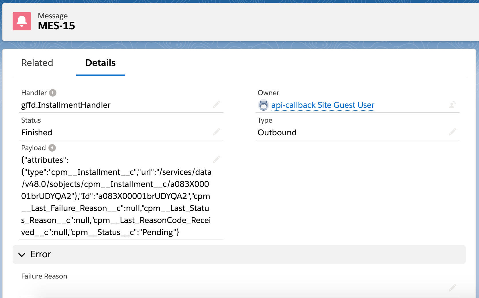FinDock Messages object example