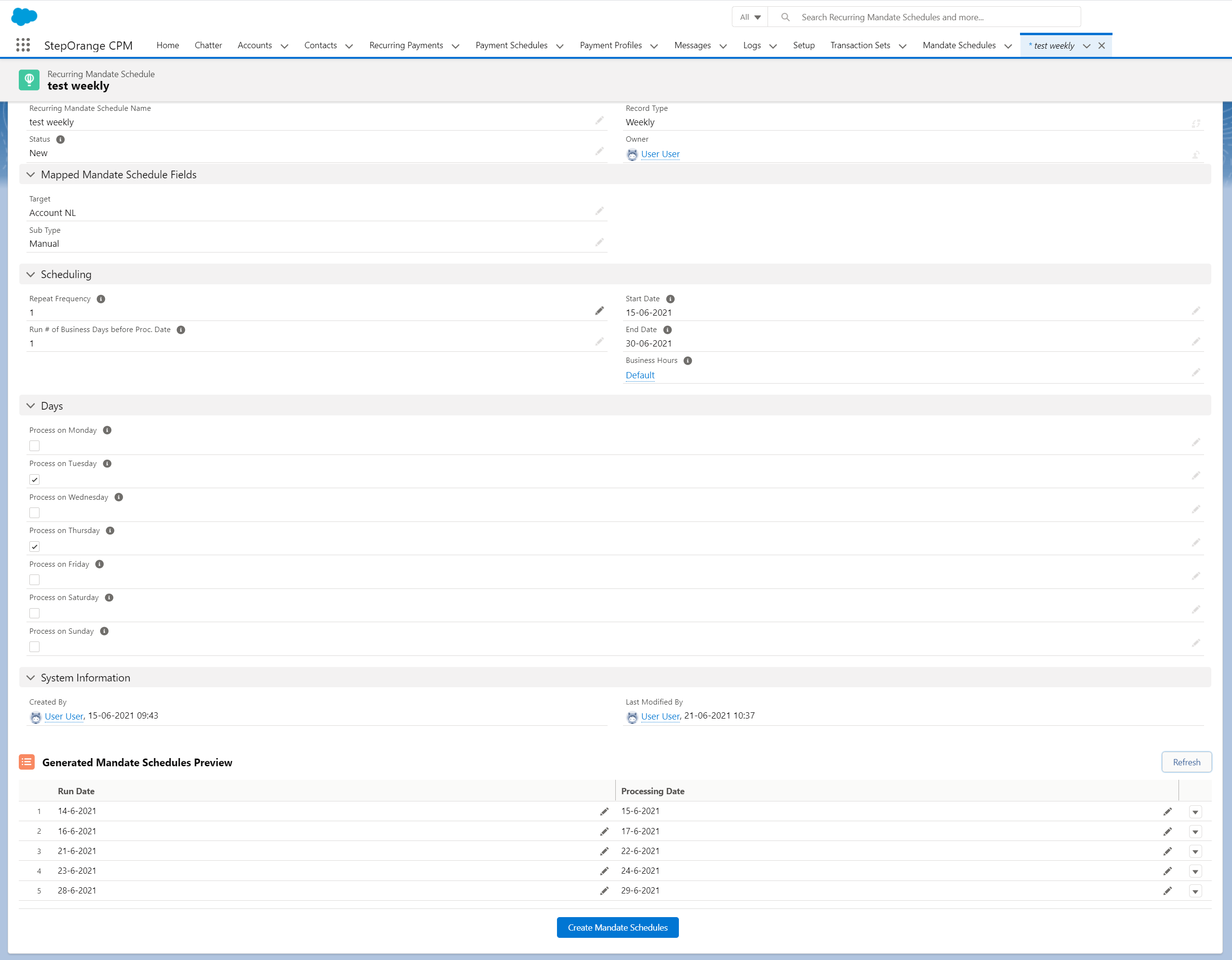 Generated mandate schedules preview