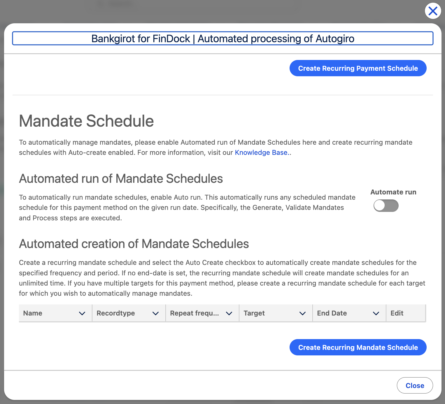 Modify schedules in FinDock Setup