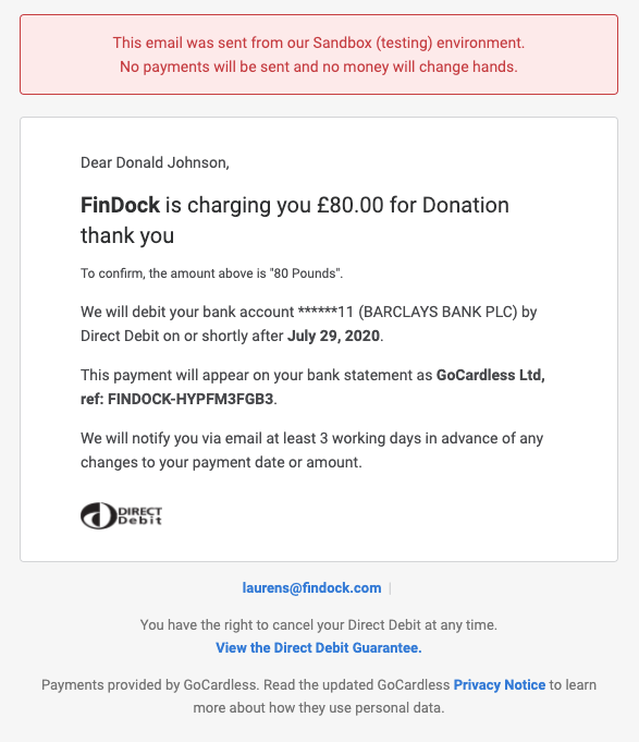 GoCardless sample email confirmation
