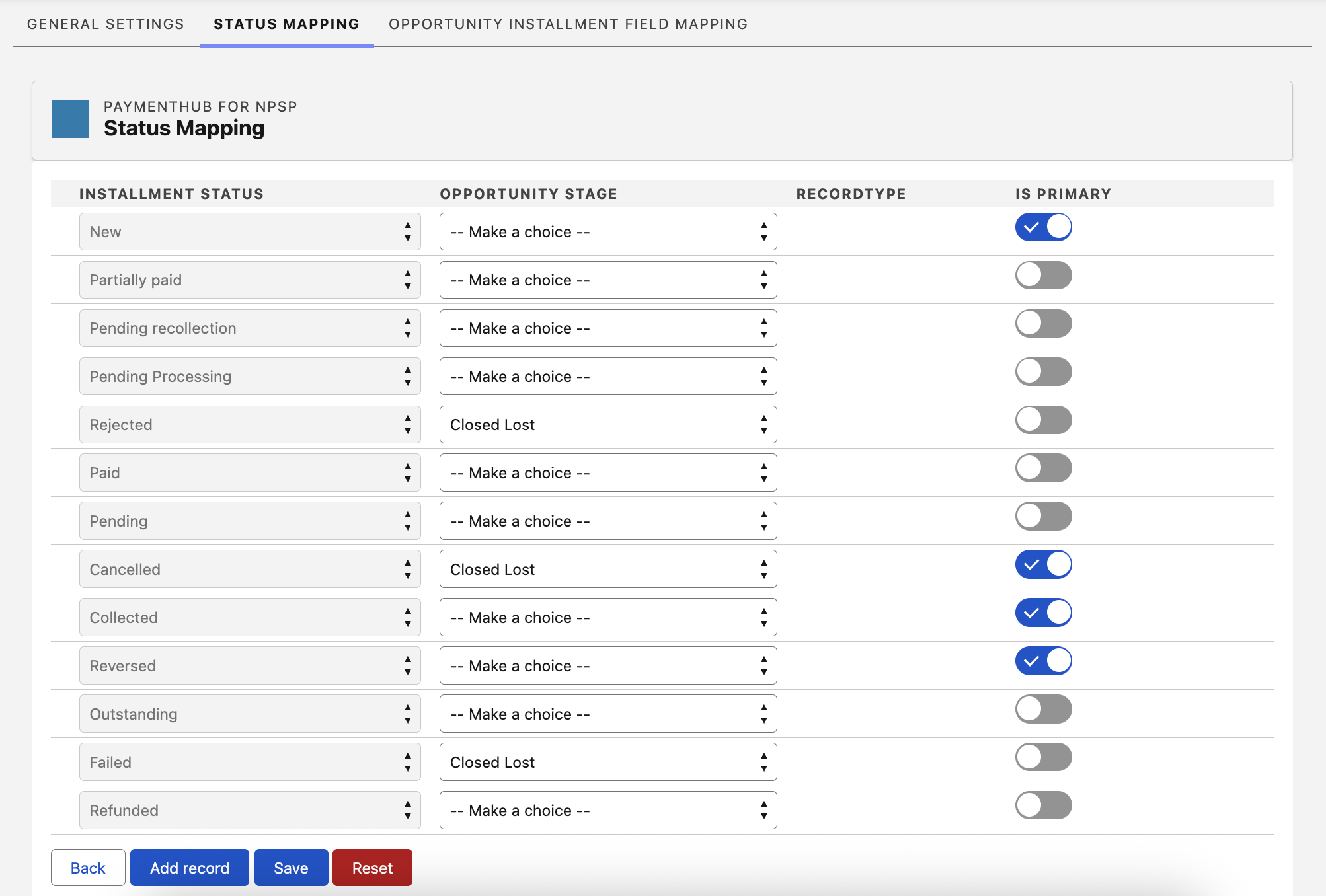 Status Mapping settings