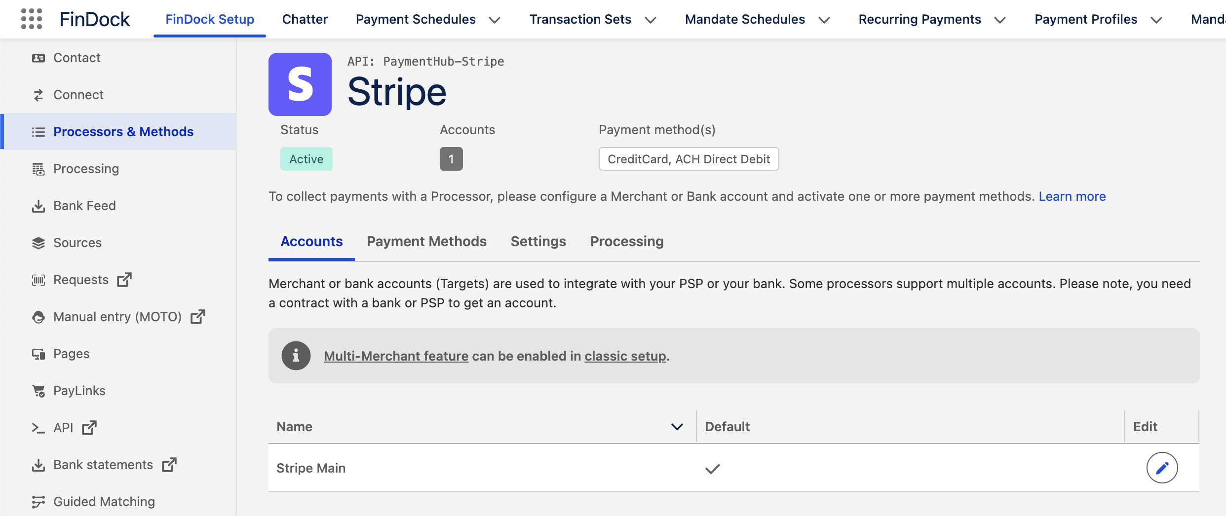 Stripe settings without multi-merchant enabled