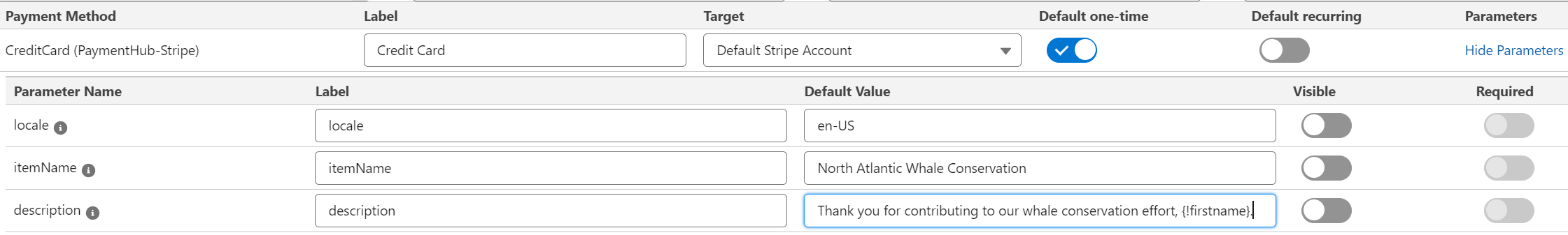 Merge field in payment method parameter