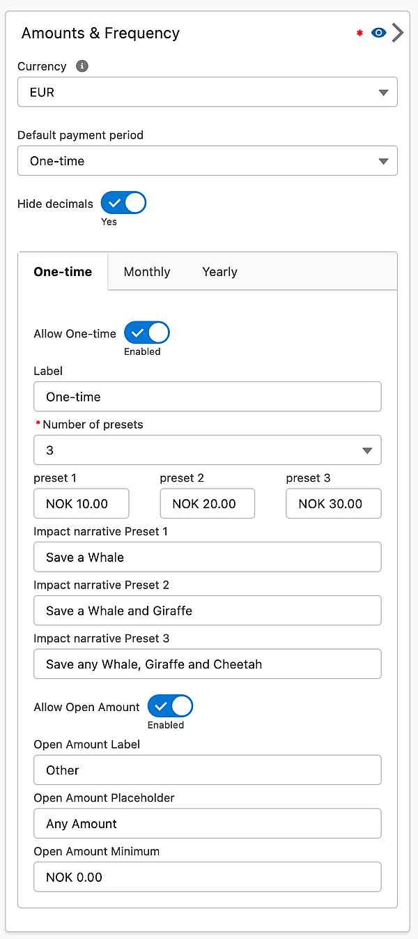 Payment Form amounts and frequency settings